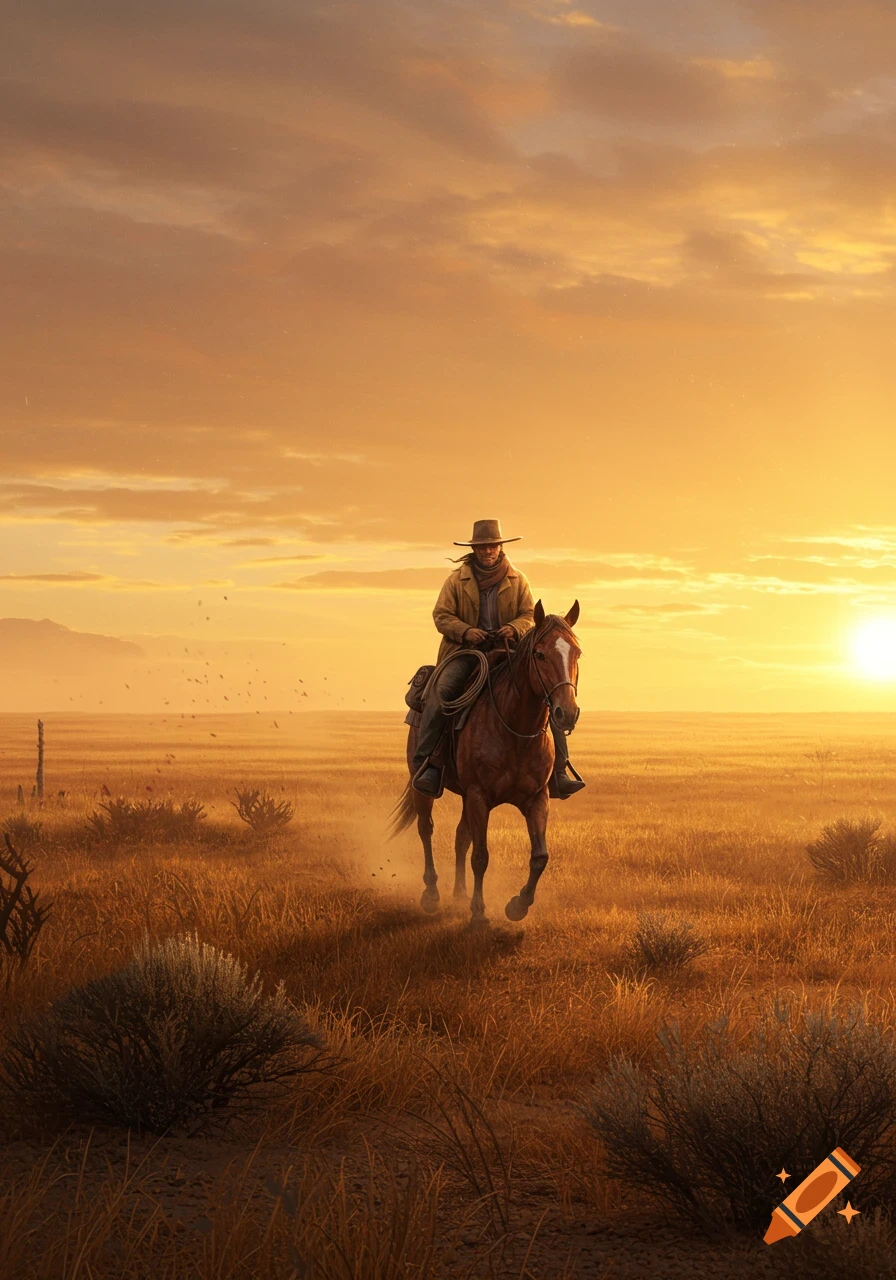 A lone cowboy rides a horse through a dusty field at sunset, with golden light filling the sky.