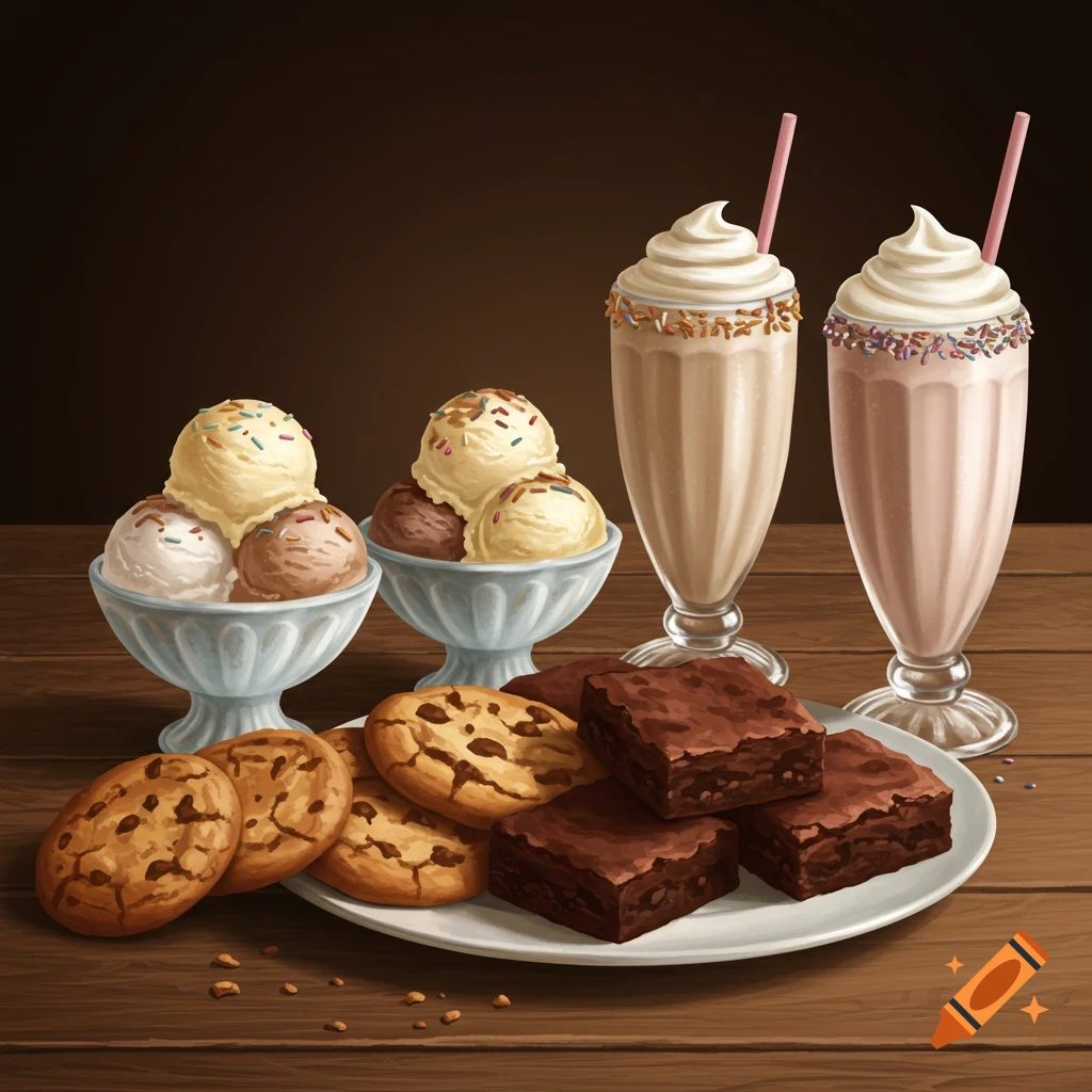 Two bowls of ice cream, two milkshakes, cookies, and brownies on a wooden table.