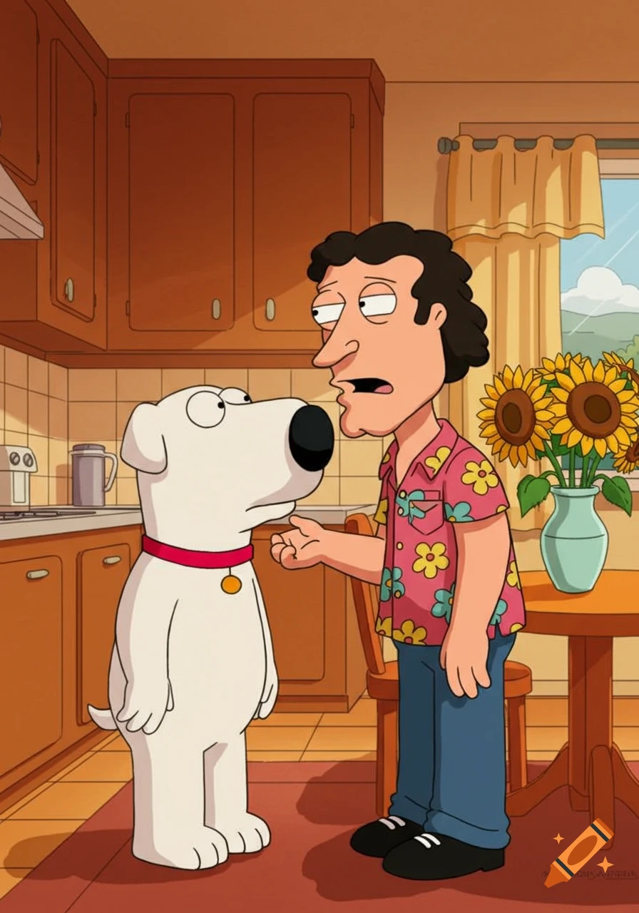 Brian Griffin, a white dog, and a man resembling Glenn Quagmire stand in a kitchen. The man wears a pink floral shirt.