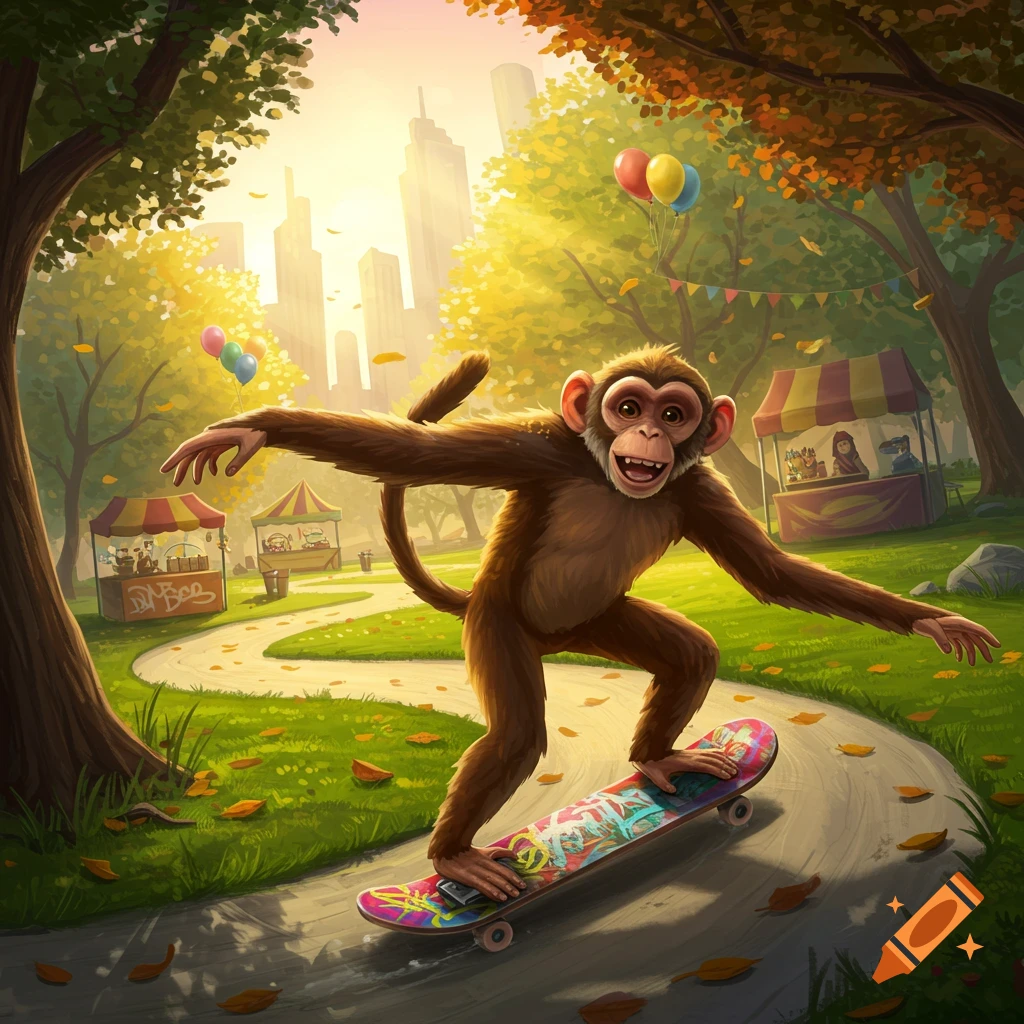 A happy cartoon monkey skateboards through a vibrant park with trees and stalls under a bright sky.