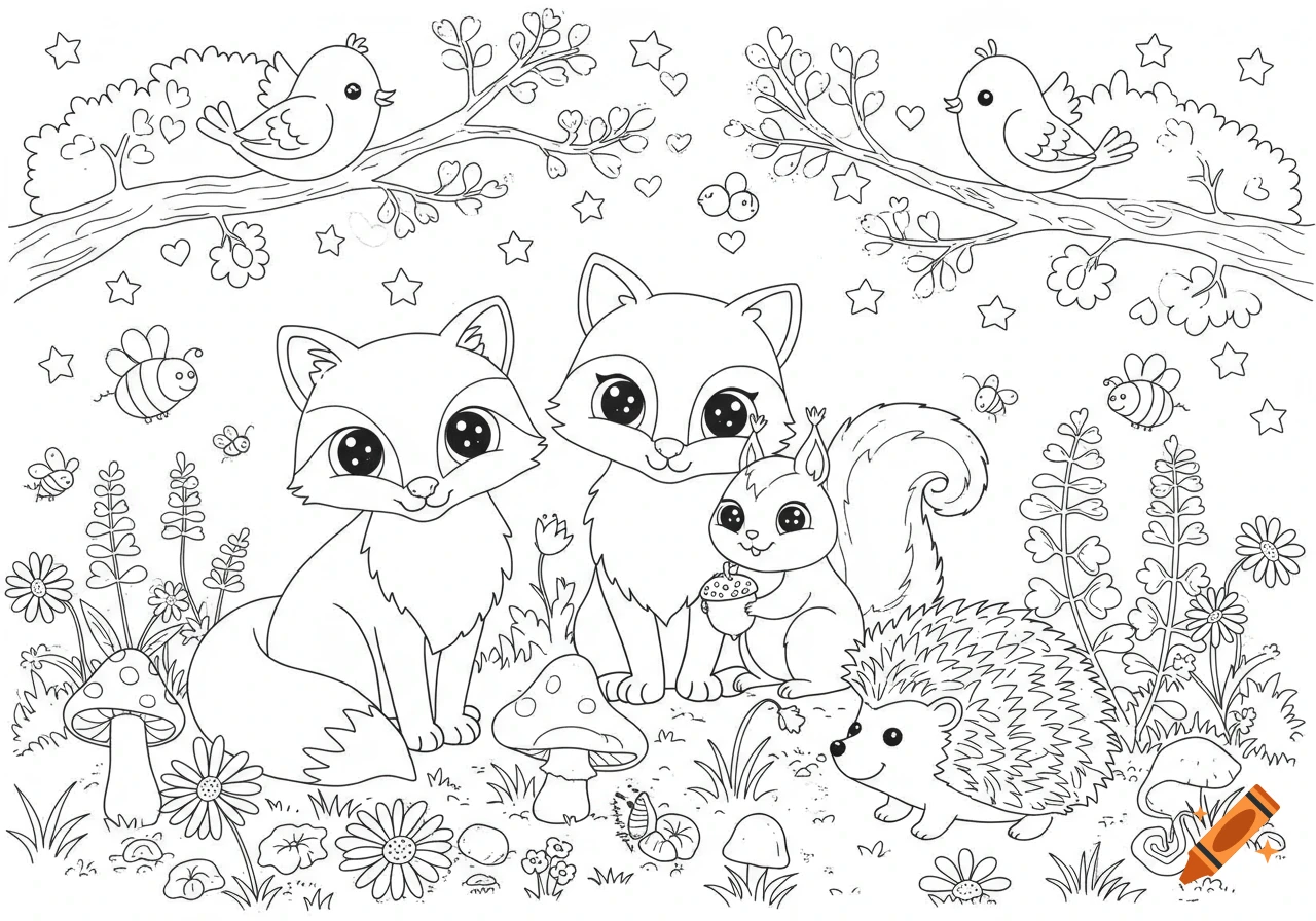 Line art coloring page of two foxes, a squirrel, a hedgehog, and two birds in a whimsical forest with mushrooms and bees.