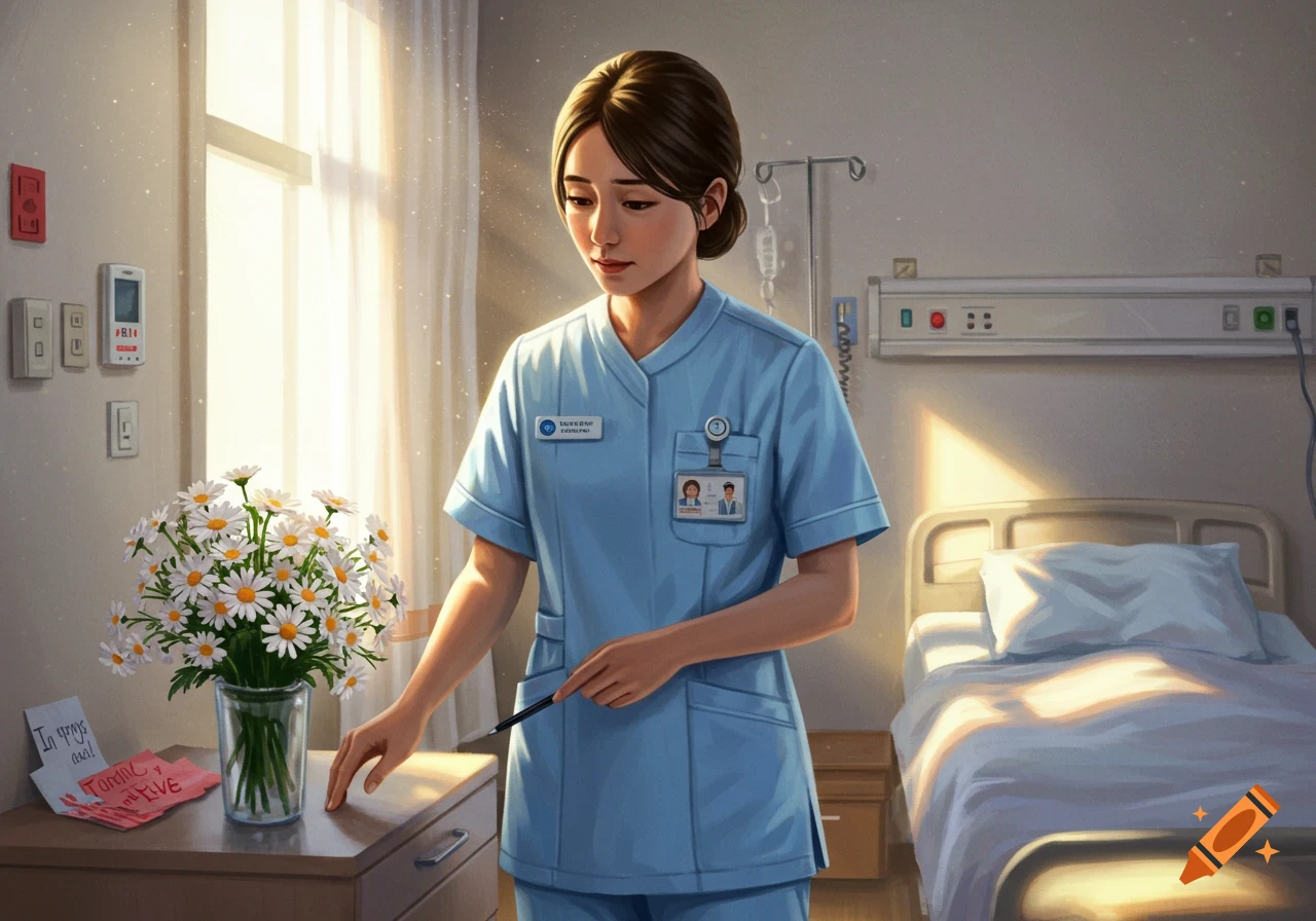 An illustration of a nurse in blue scrubs standing in a bright hospital room, tending to a vase of daisies on a bedside table.