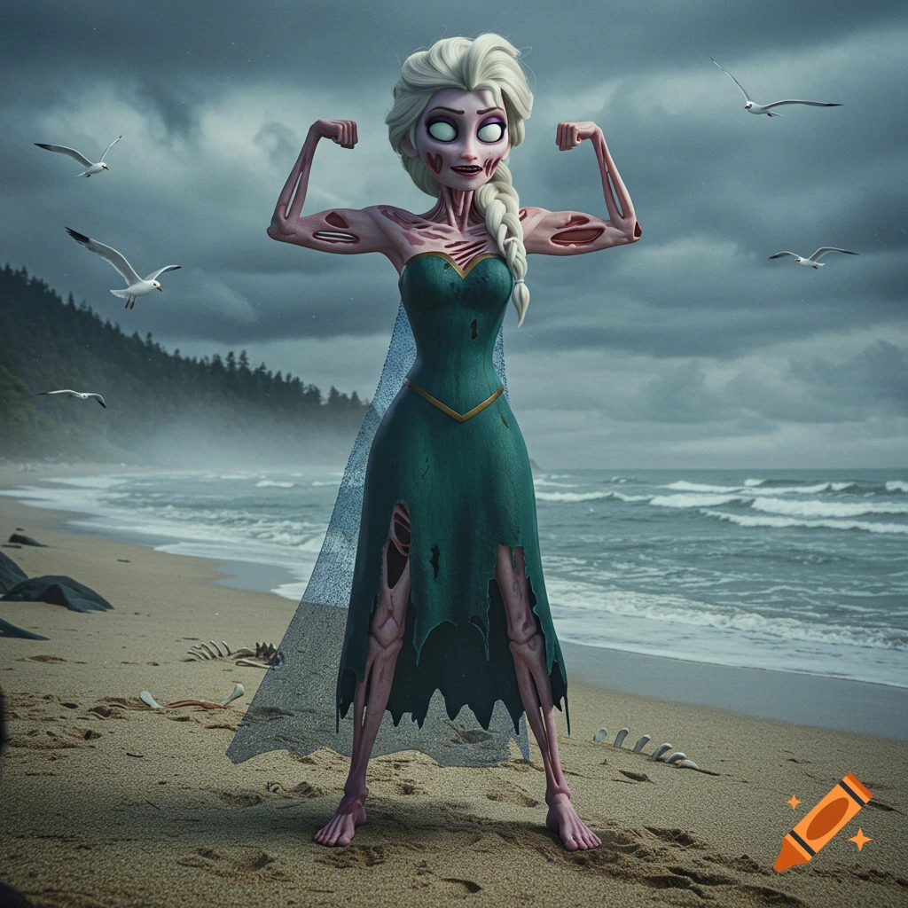 A zombified Elsa from Frozen flexes her muscles on a cloudy beach with seagulls in a 3D cartoon style.