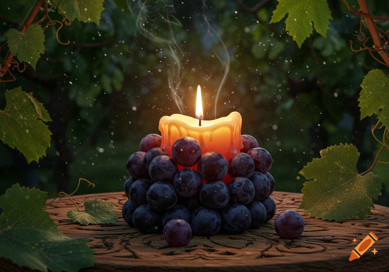 A lit candle surrounded by dark grapes sits on a carved wooden table, framed by green grapevines and leaves in a photorealistic style.