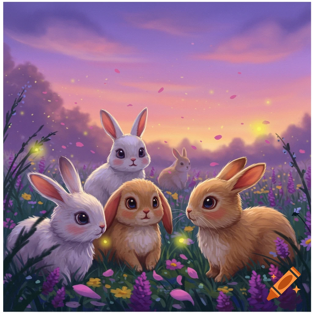 Cute, cartoonish rabbits in a field of purple and yellow flowers under a vibrant sunset sky.