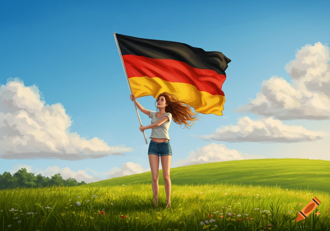 An illustrated young woman stands in a green field holding a waving German flag under a blue sky.
