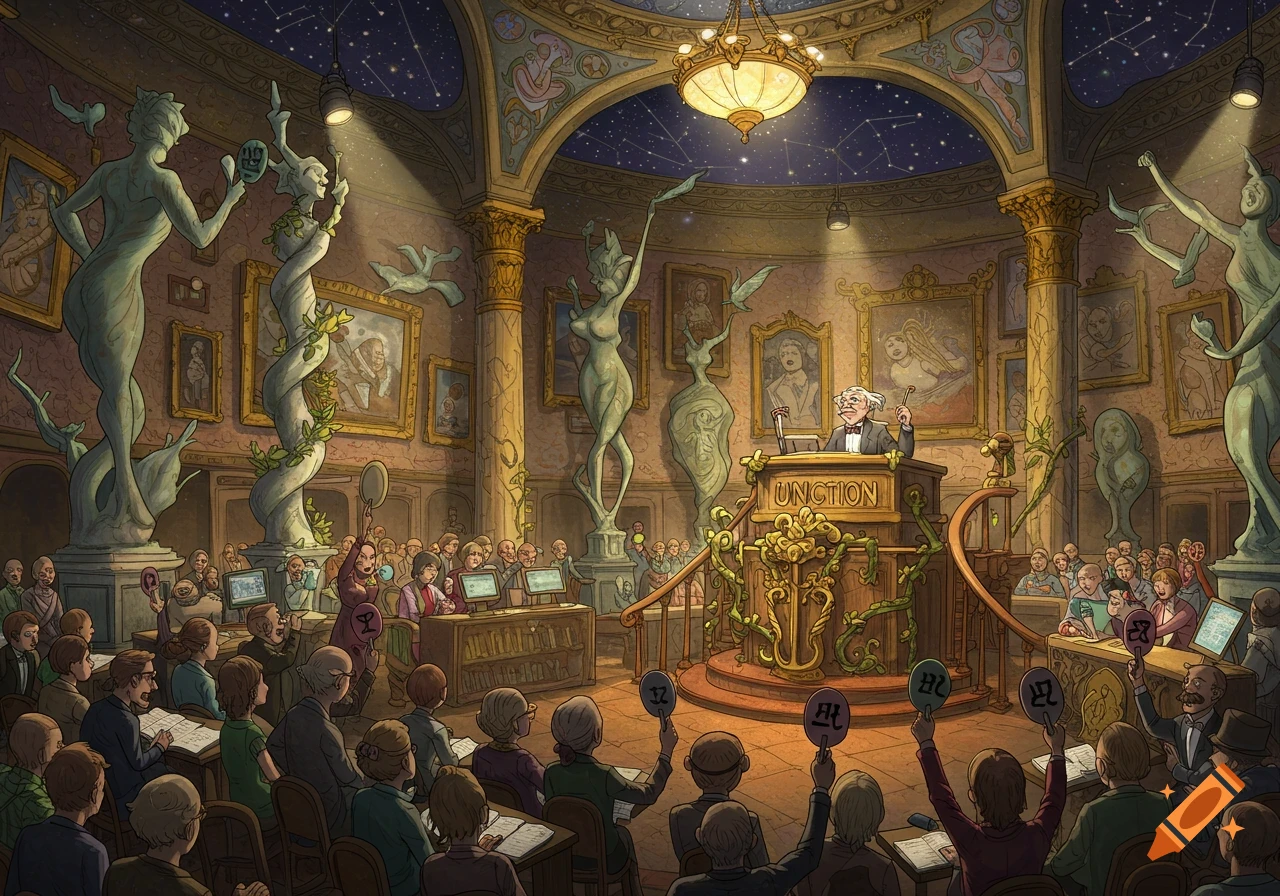 A whimsical, creative illustration of a crowded, ornate auction house with an auctioneer at a podium, surrounded by stylized statues and bidders holding up paddles.