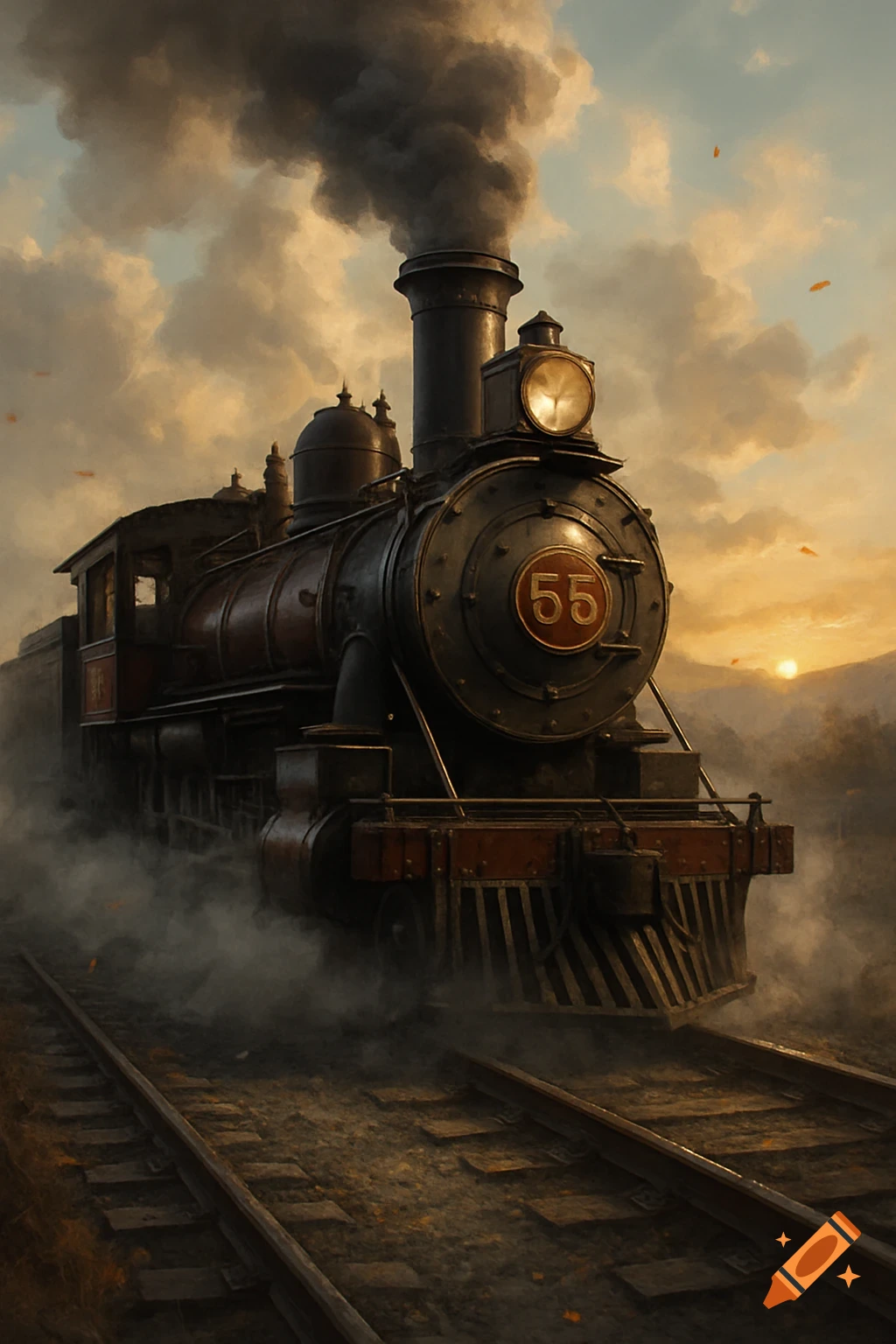 Vintage steam locomotive, number 55, emits thick smoke on tracks at sunset.
