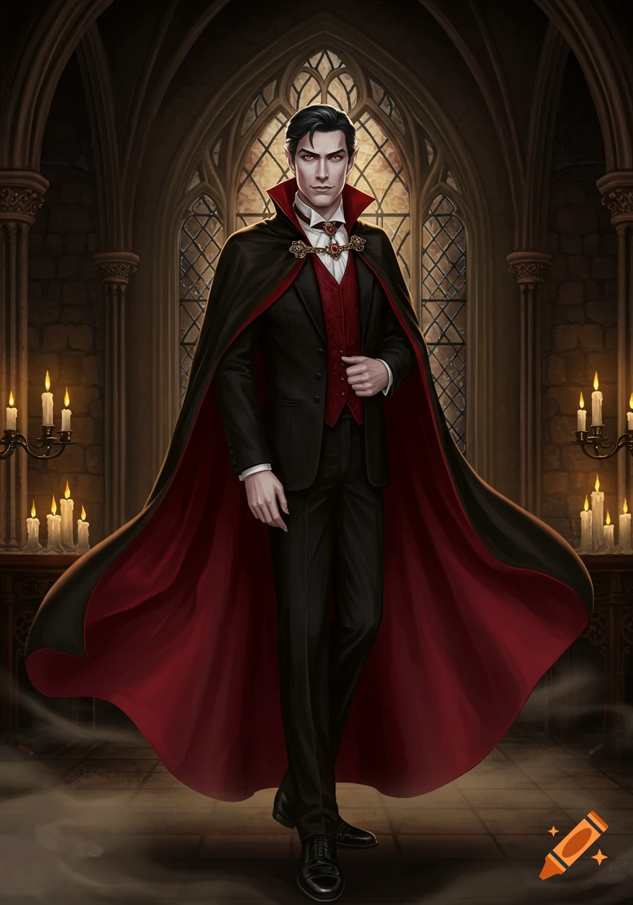 A handsome male vampire with pale skin and red eyes, dressed in a black suit and a dramatic red-lined cape, stands in a gothic castle.