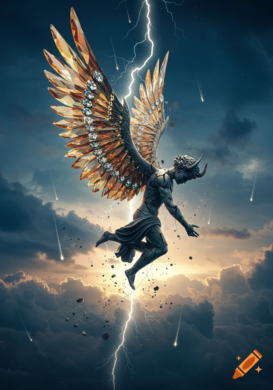 A dark, cracked, horned figure with large, jeweled wings falls through a stormy sky with lightning and meteors.