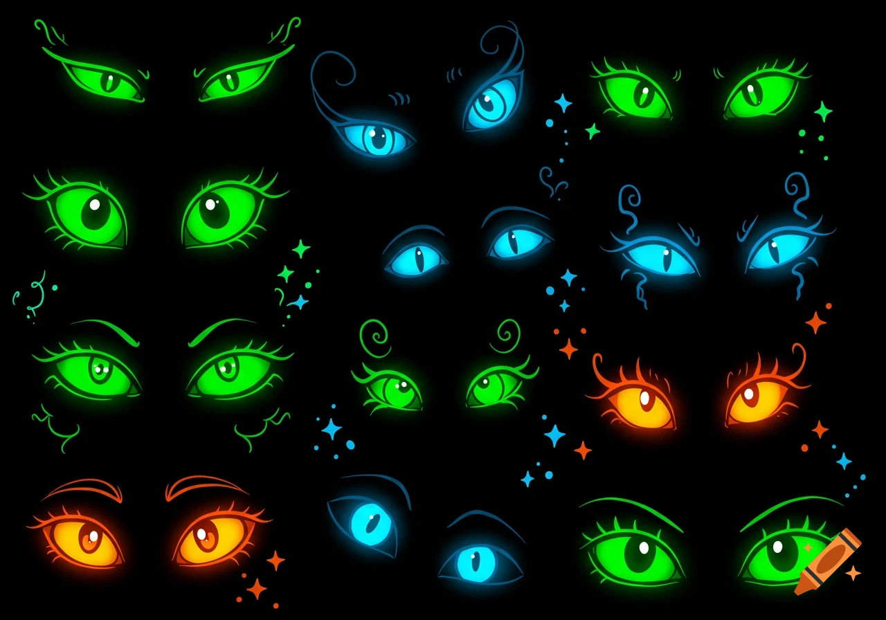 A cartoon-style pattern of glowing green, blue, and orange creature eyes with stars on a black background.