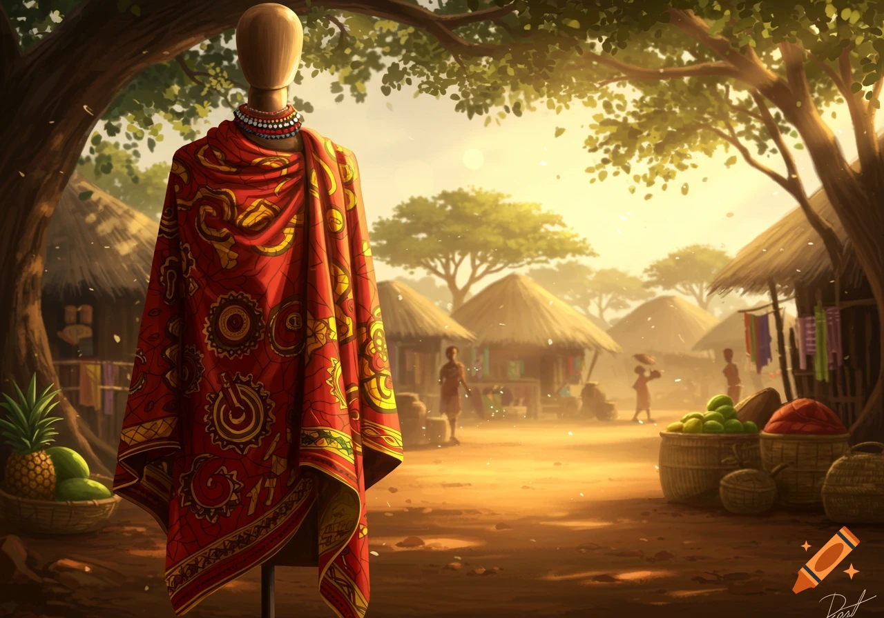 Illustration of a wooden mannequin wearing a red and gold patterned African cloth and beaded necklace in a sunny village market with huts and people.