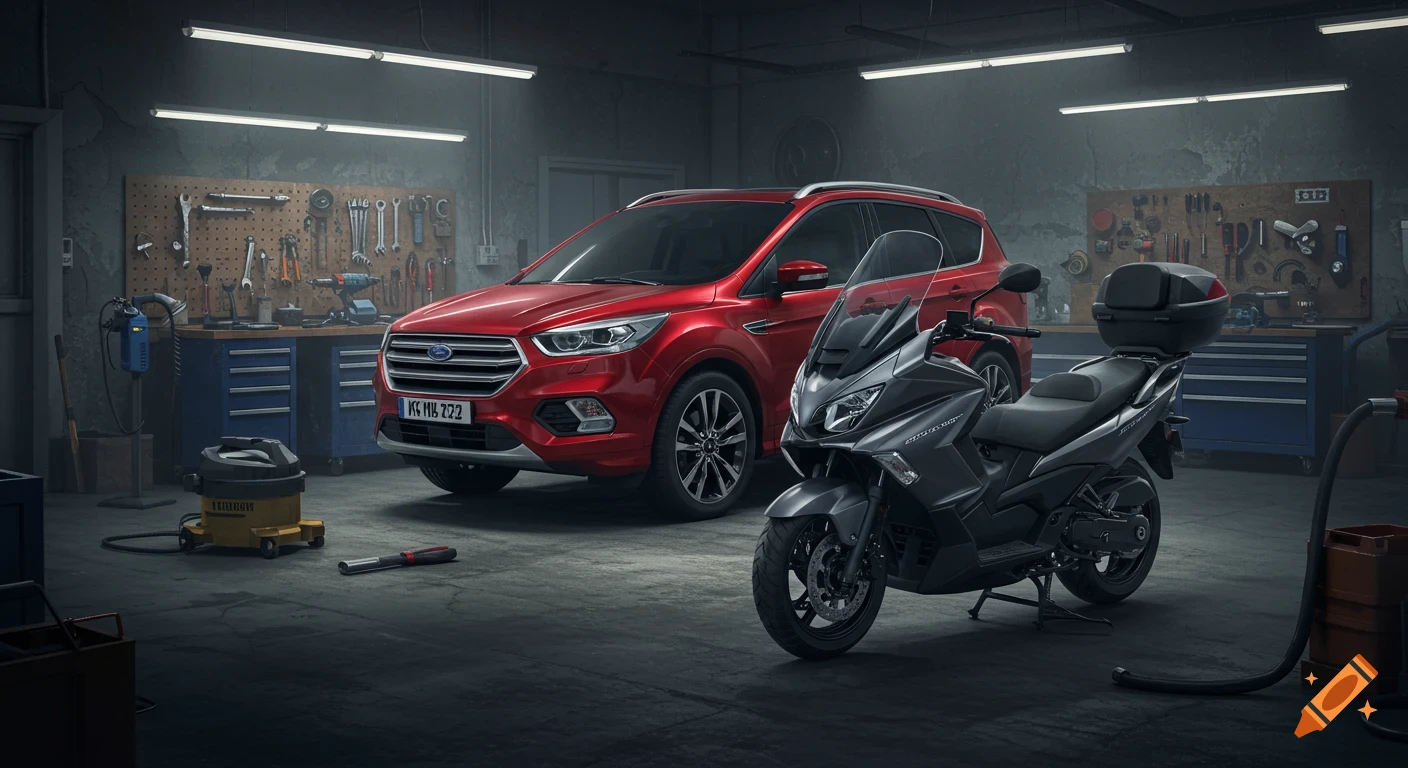 A red Ford Kuga SUV and a gray Suzuki Burgman scooter parked in a dimly lit garage with tools on a workbench.