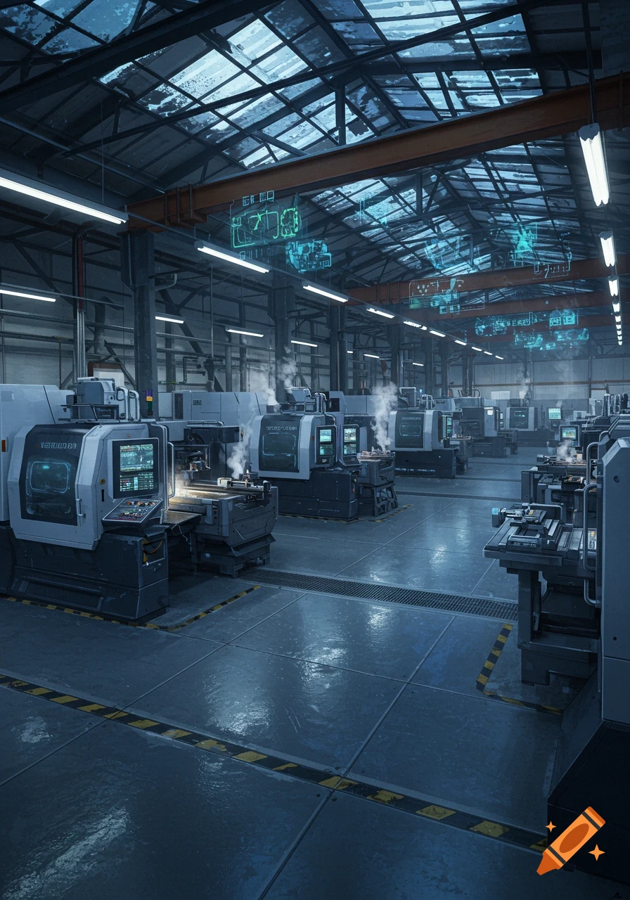 Photorealistic image of a modern industrial hall with rows of advanced production machines emitting steam and featuring holographic displays.