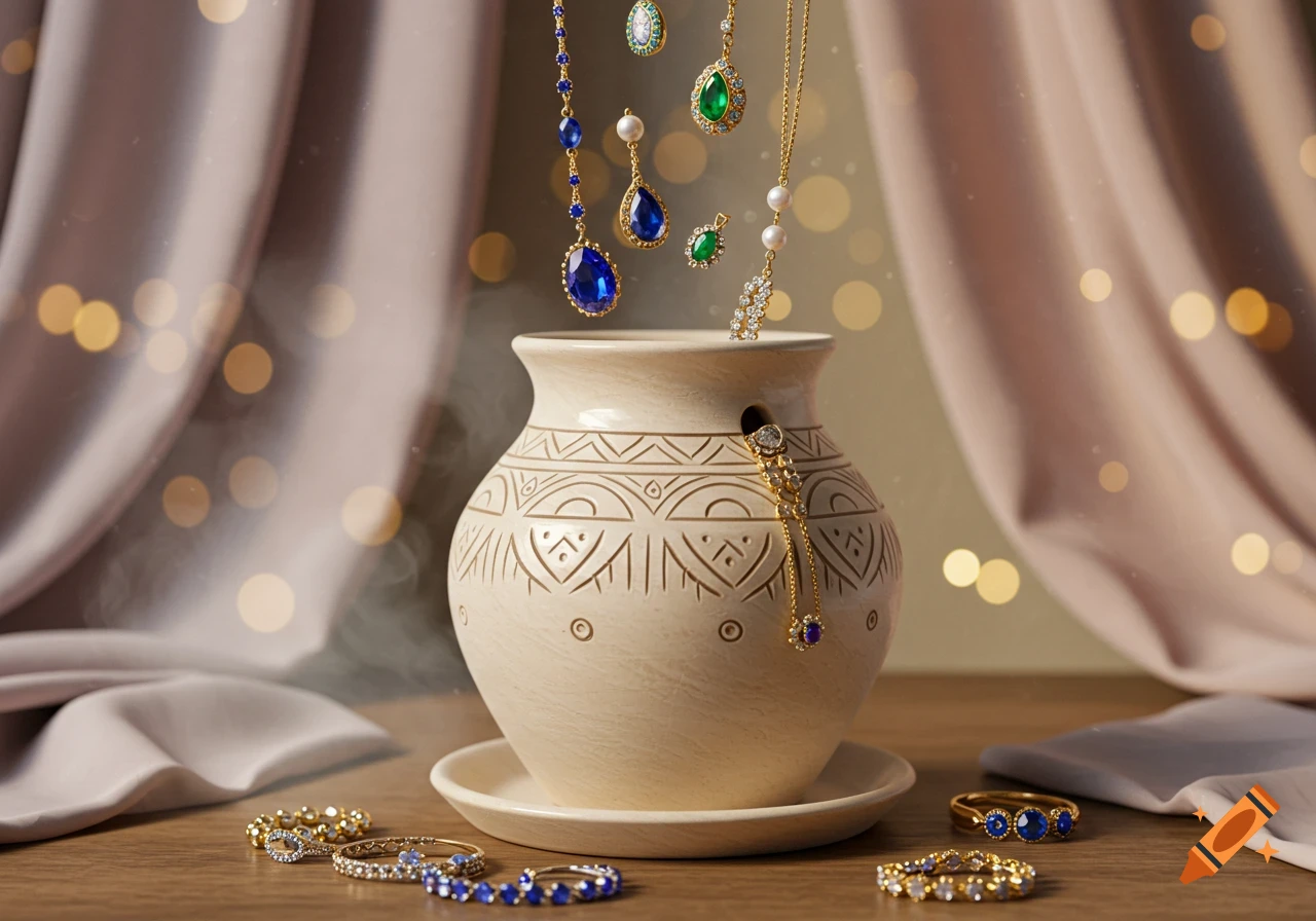 Photorealistic image of gold and gem jewelry, including blue and green pieces, dropping into a decorated pottery holder on a wooden table with a blurred, bokeh-lit background.