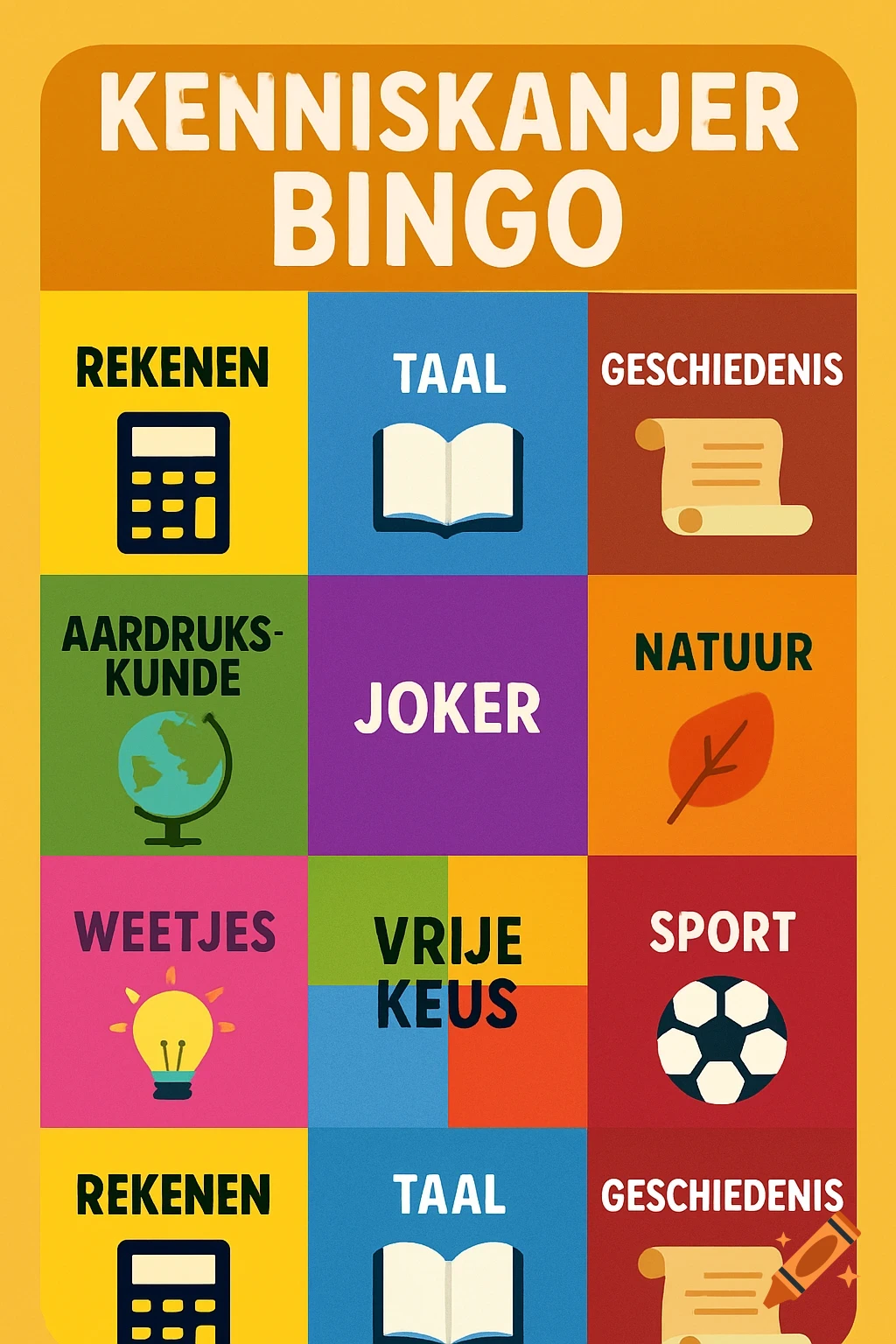 A colorful 4x4 bingo card titled 'Kenniskanjer Bingo,' featuring educational categories like math, language, history, and geography with corresponding icons.