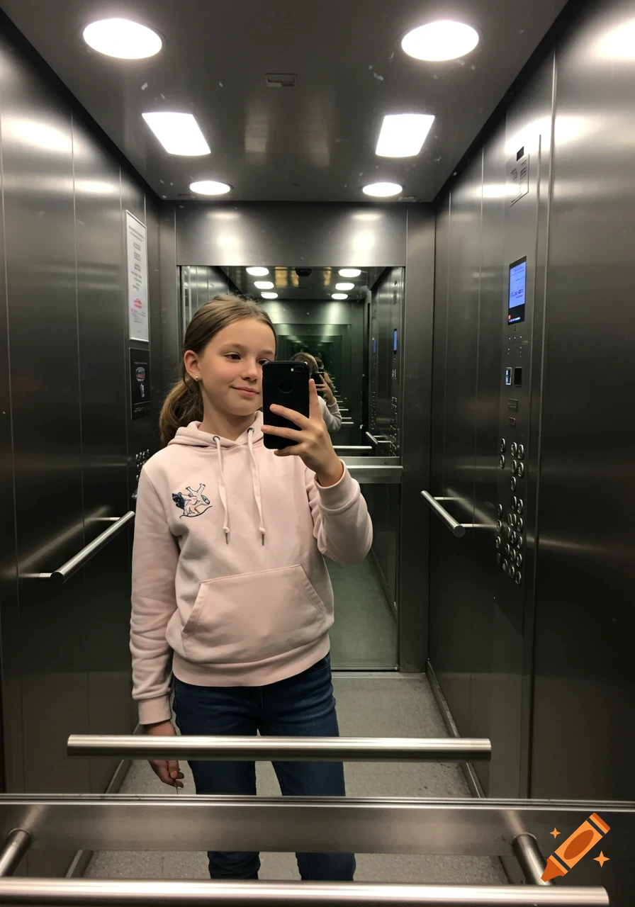 A young girl takes a selfie in a modern elevator with reflective walls.