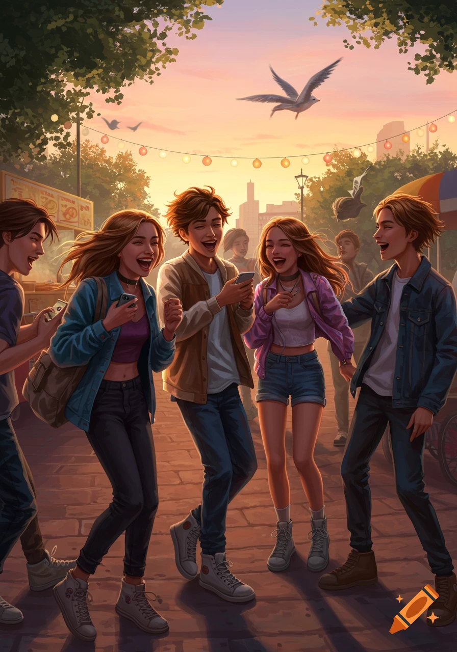 A group of happy teenagers laughing and looking at their phones on a city street at sunset.