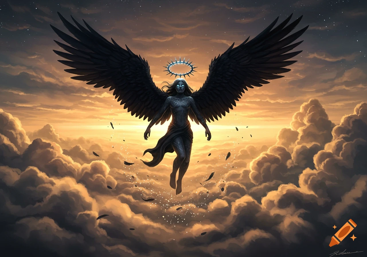 A dark angel with large black wings and a spiked halo floats above golden clouds at sunset in a digital painting.