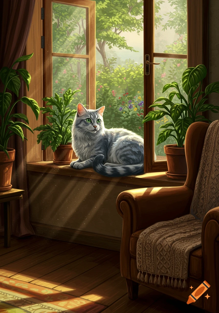 A gray tabby cat with green eyes rests on a sunlit windowsill surrounded by potted plants, looking out at a lush green garden. Illustrated.