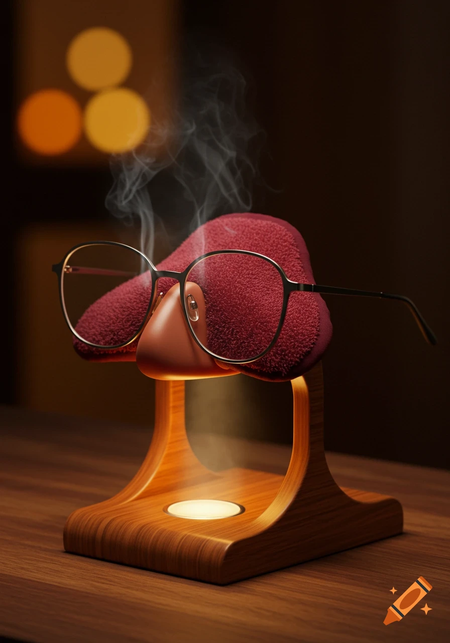 A wooden stand features a nose-shaped glasses holder with spectacles and a steaming red hot pack, glowing with warm light.