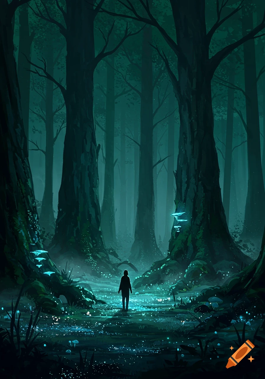 A silhouetted person walks through a dark, dreamy forest glowing with blue bioluminescent plants and mushrooms.