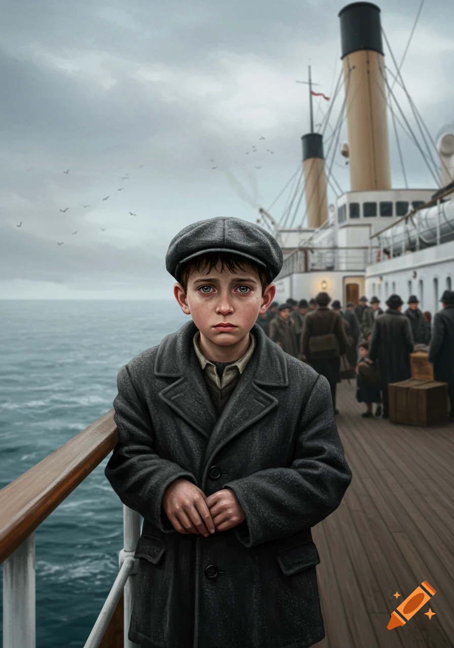 A solemn boy in a grey flat cap and coat stands by a ship's railing, gazing at the viewer, with the ocean and ship behind.