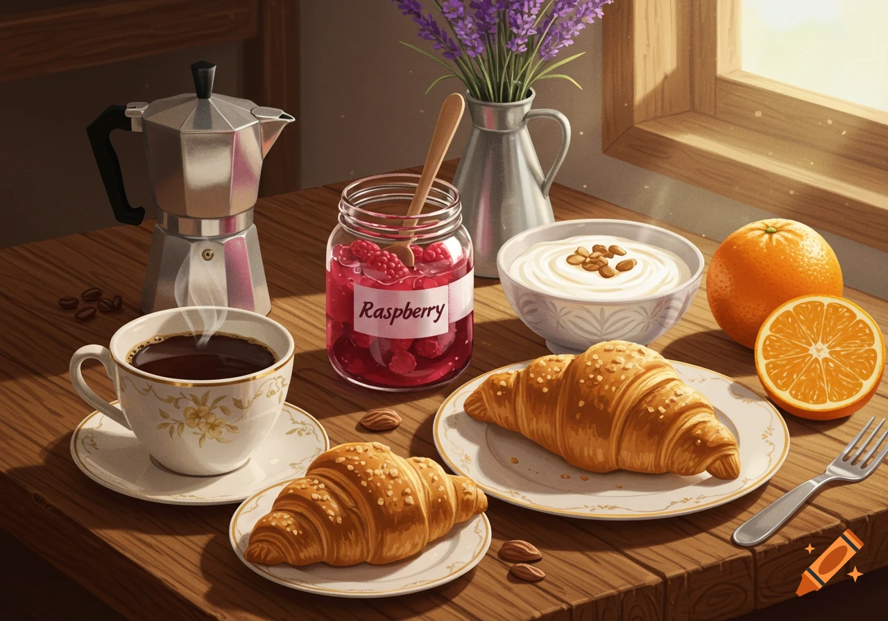 An illustrative breakfast scene on a wooden table with coffee, croissants, raspberry jam, yogurt, and oranges.
