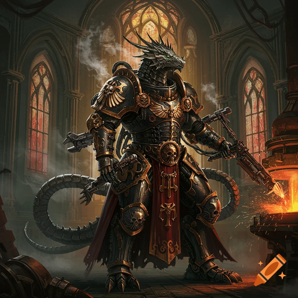 A heavily armored humanoid dragon forges metal in a dark gothic industrial chamber with stained glass windows.