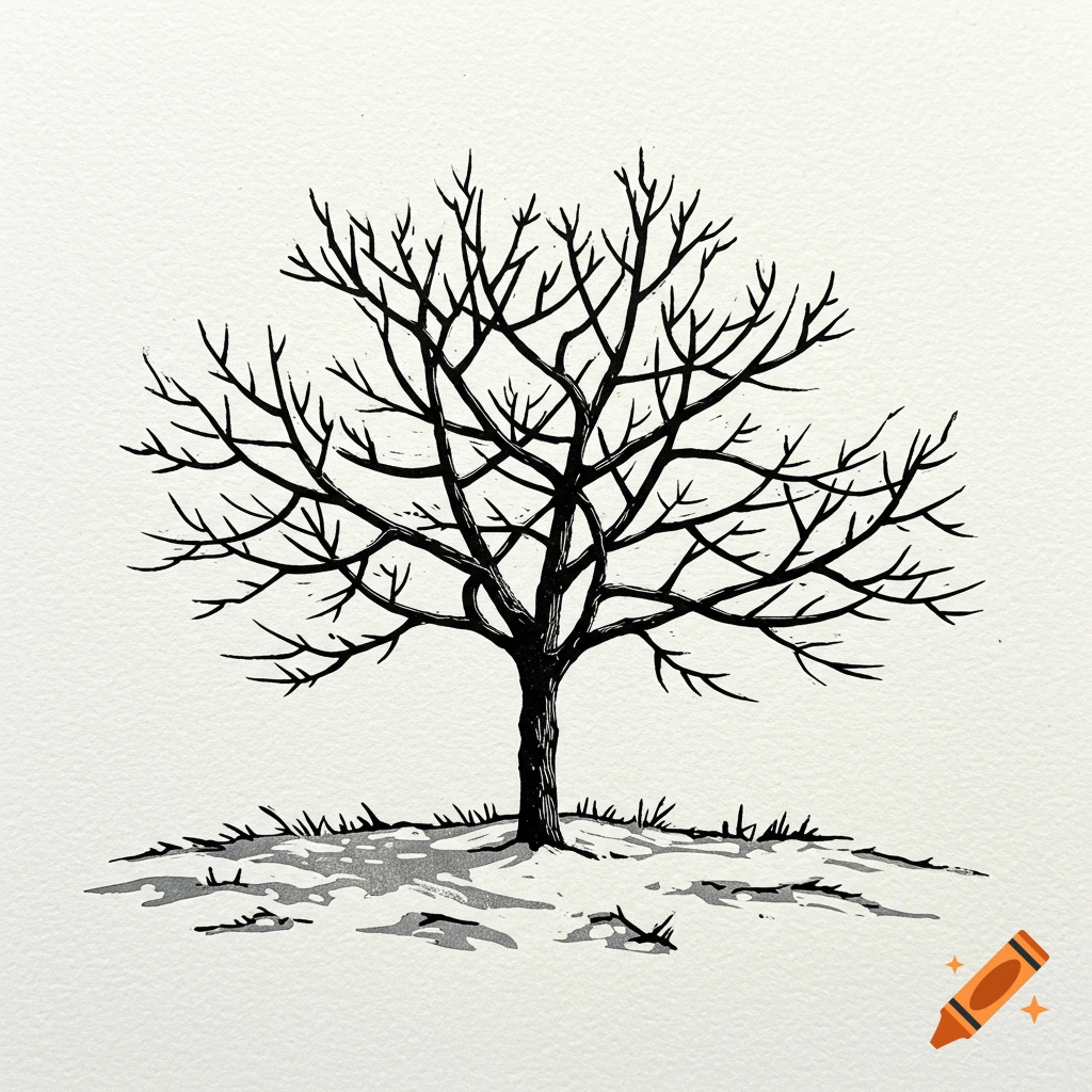 A black and white linocut print of a bare tree in winter, with shadows on the sparse ground.