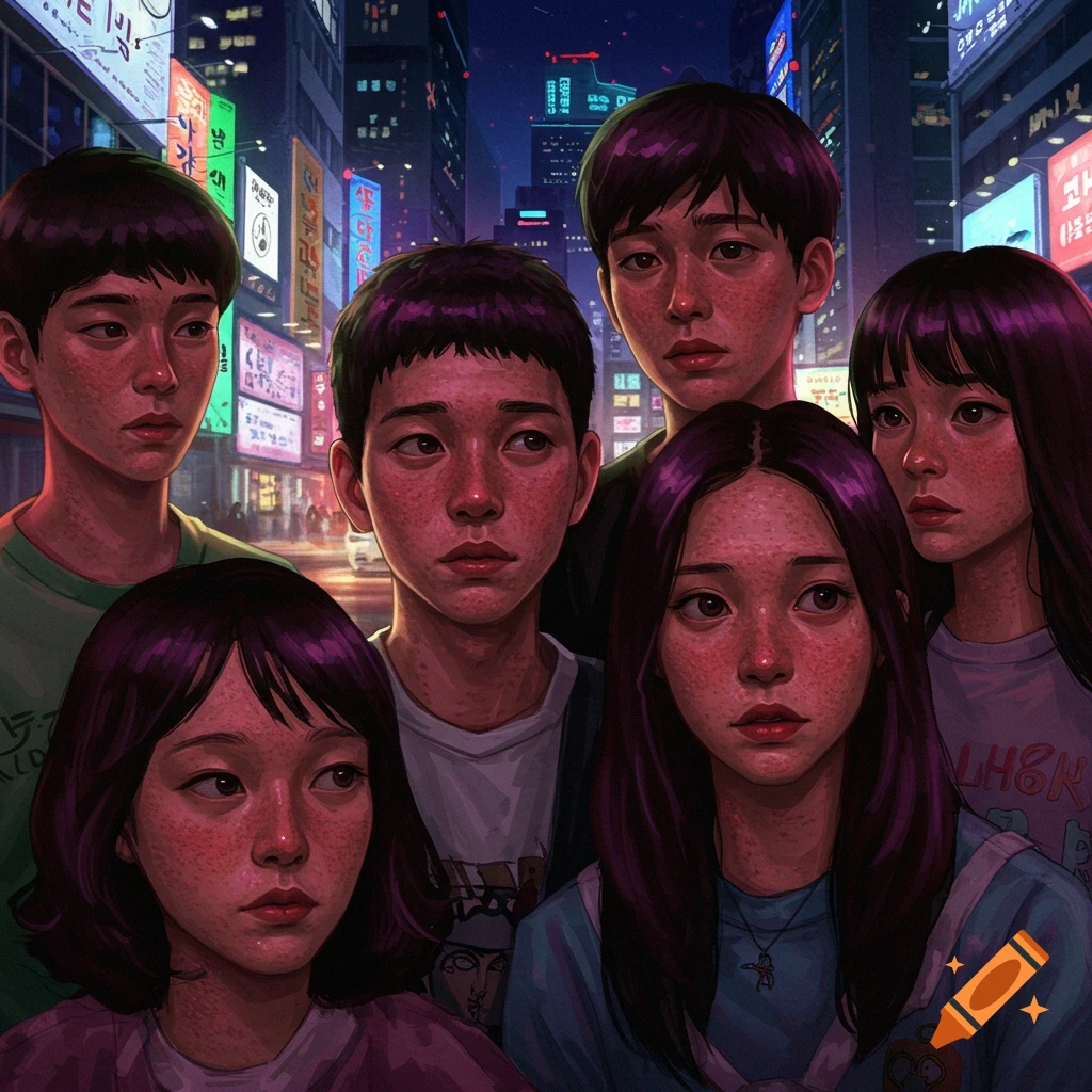 Stylized art of six diverse teenagers with reddish skin texture, possibly acne, standing on a neon-lit city street at night.