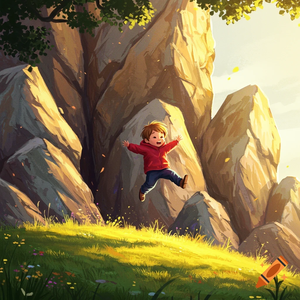 A happy cartoon boy in a red hoodie jumps joyfully on a grassy hill with large sunlit rocks and trees in a vibrant illustration.