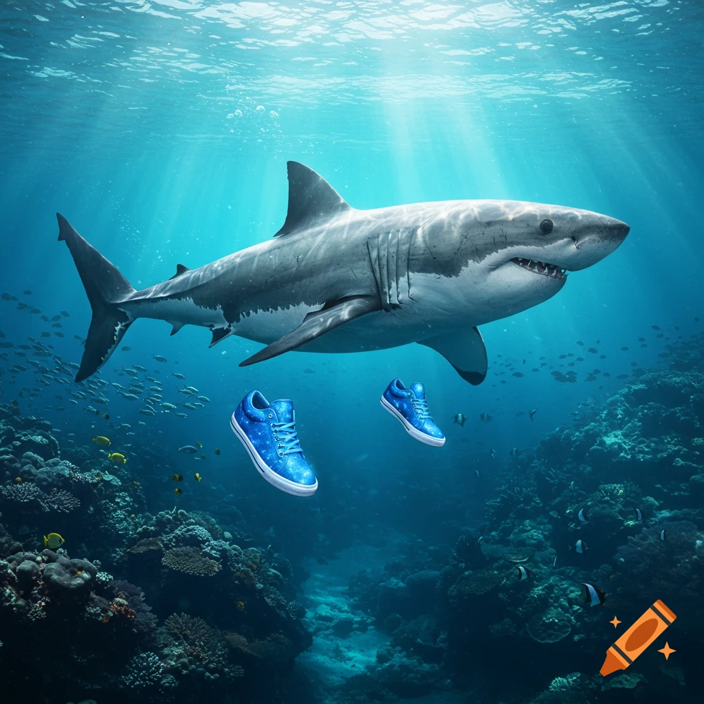 A great white shark swims in clear blue ocean water above coral, with two blue star-patterned sneakers floating beside it.