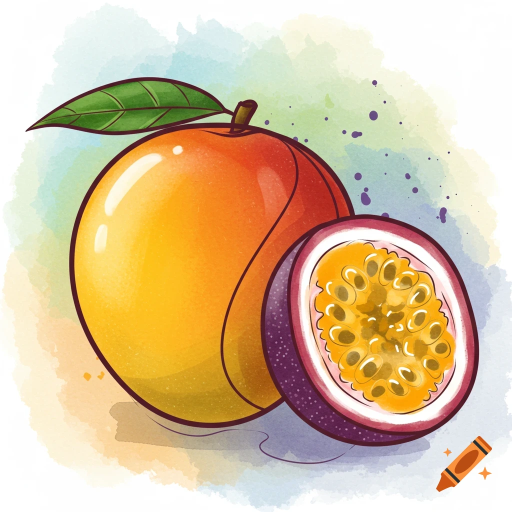 Watercolor illustration of a whole mango with a leaf next to a halved passionfruit, against a light painted background.