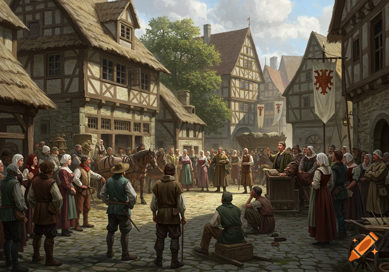 A busy medieval town square with a crowd gathered around a speaker at a wooden podium, surrounded by half-timbered buildings and banners.