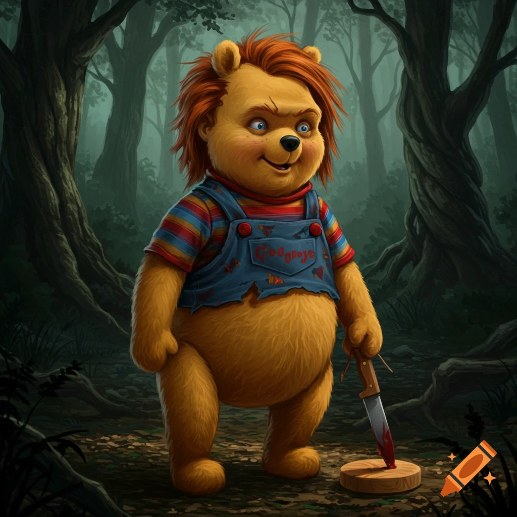 Winnie the Pooh dressed as Chucky doll with red hair, striped shirt, torn overalls, holding a bloody knife in a dark, misty forest.