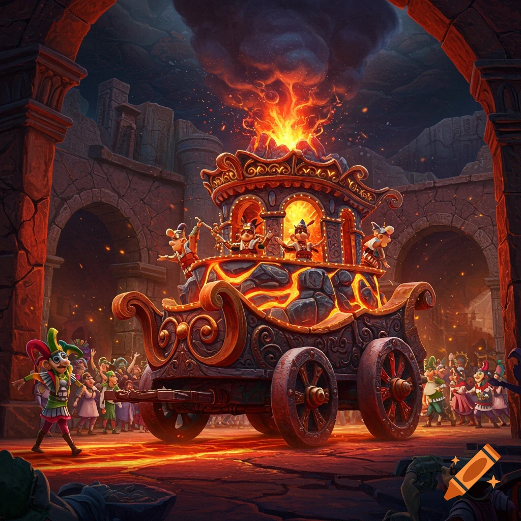 A vibrant, cartoonish illustration of a volcanic parade float spewing fire, surrounded by jesters and people in ancient, fiery ruins.