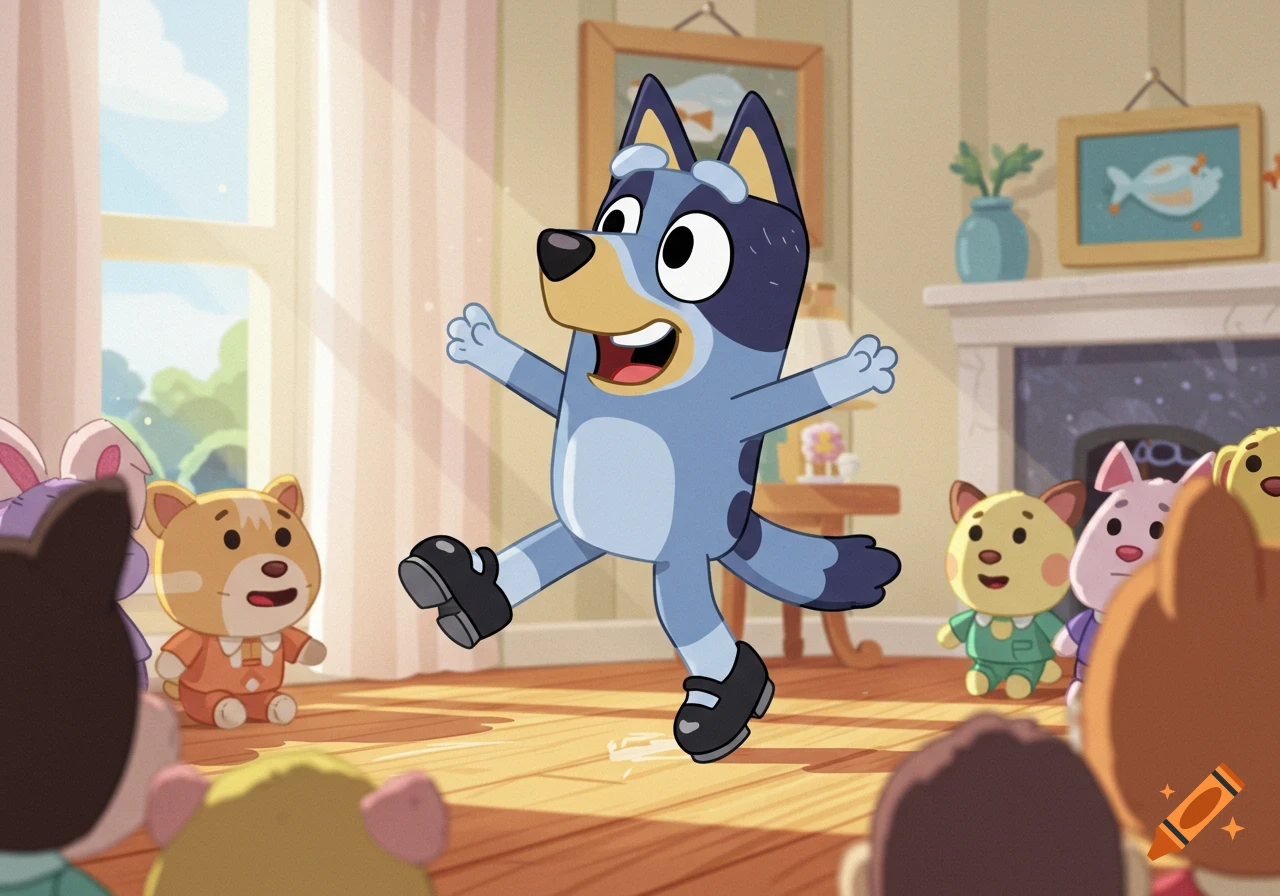 Bluey, a blue cartoon dog, tap dancing in a living room surrounded by colorful plush toys.
