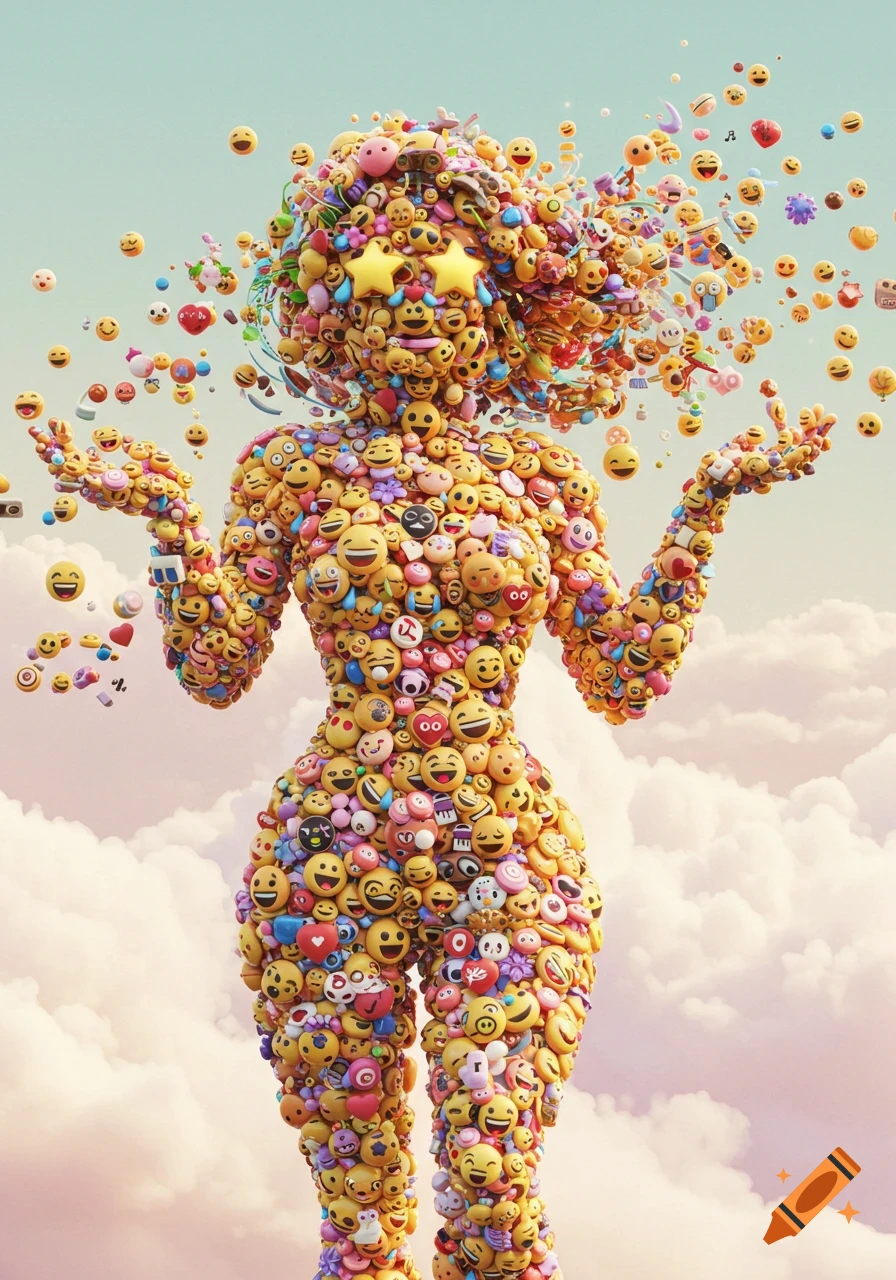 A humanoid figure made entirely of colorful emojis stands against a cloudy sky.