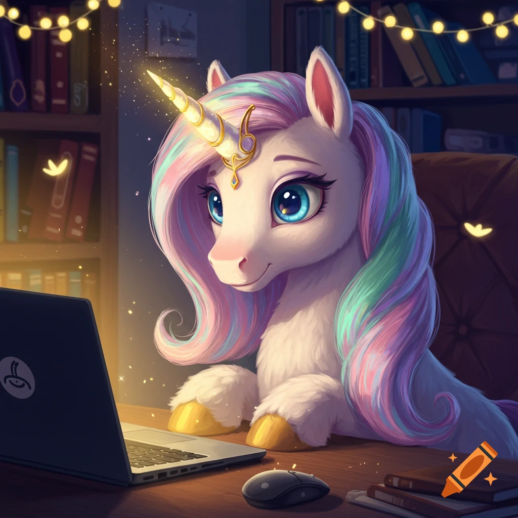 A cute, cartoon unicorn with rainbow mane looking at a laptop at a desk in a cozy room with bookshelves and fairy lights.