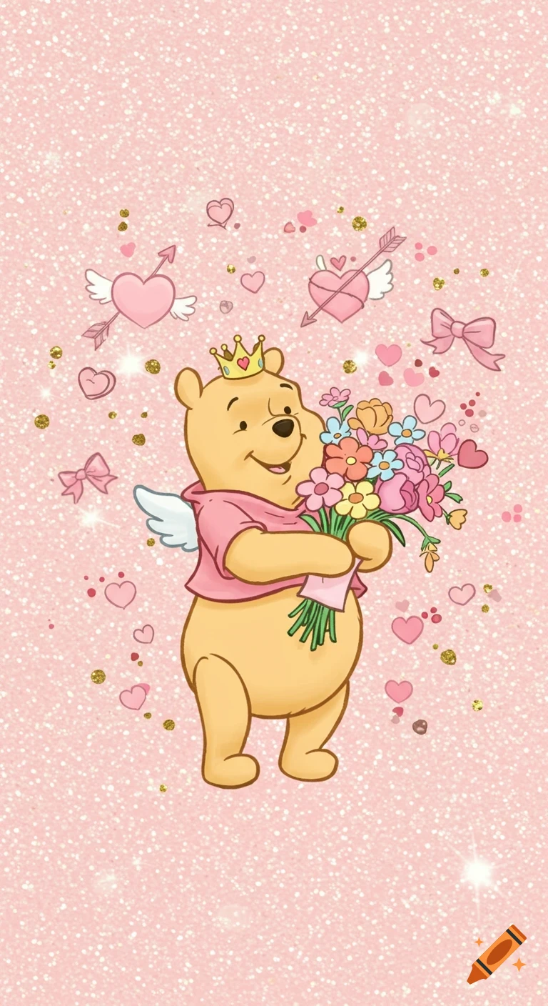 Winnie the Pooh in a pink shirt and crown holds a bouquet of flowers on a glittery pink background with hearts and bows.