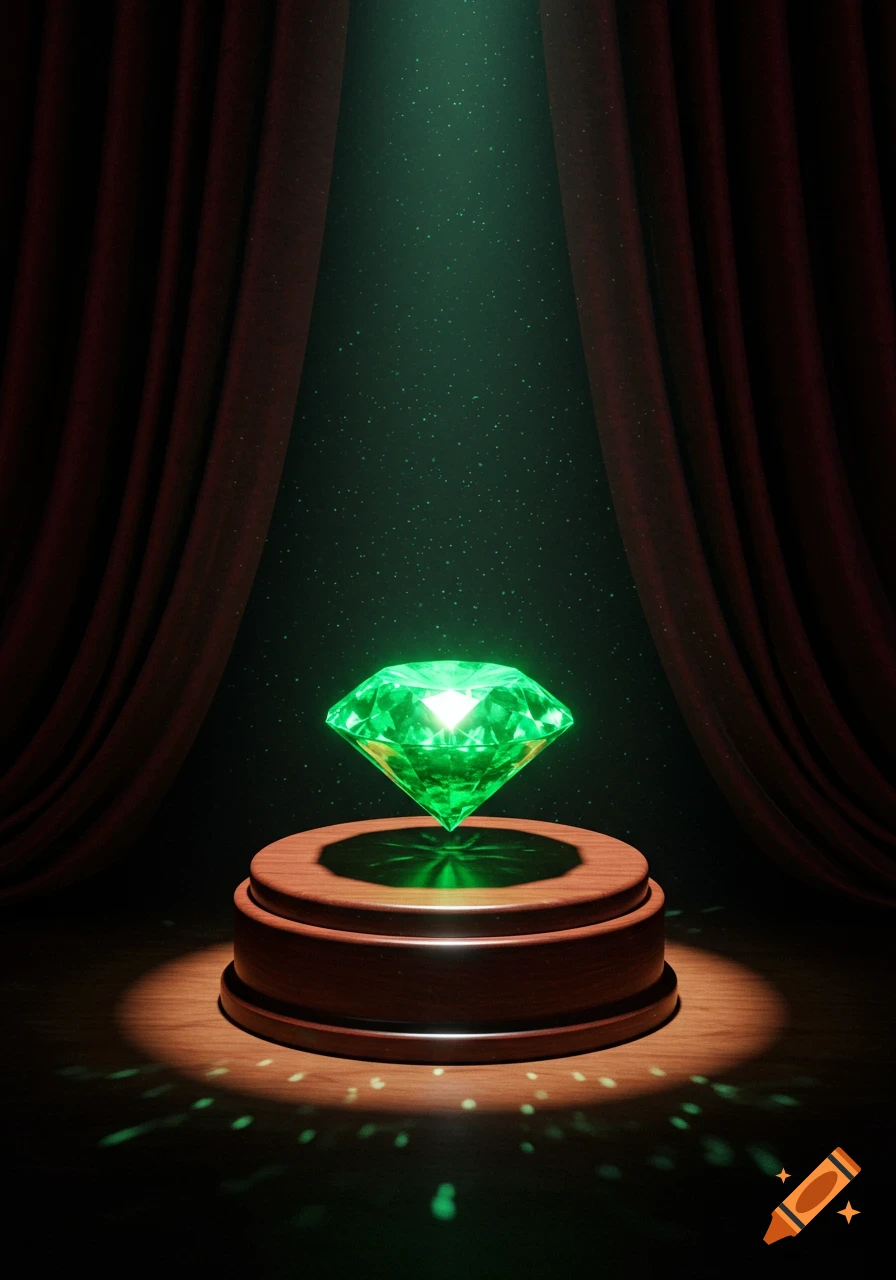 A glowing green emerald gem rests on a round wooden pedestal under a dramatic spotlight, with dark red curtains in the background.