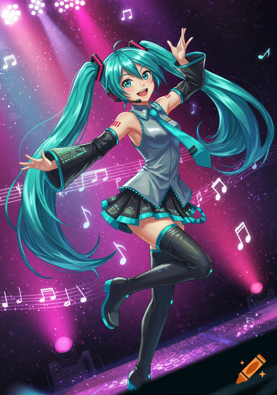 Hatsune Miku, with long turquoise pigtails, sings and dances on a bright pink stage amidst musical notes.