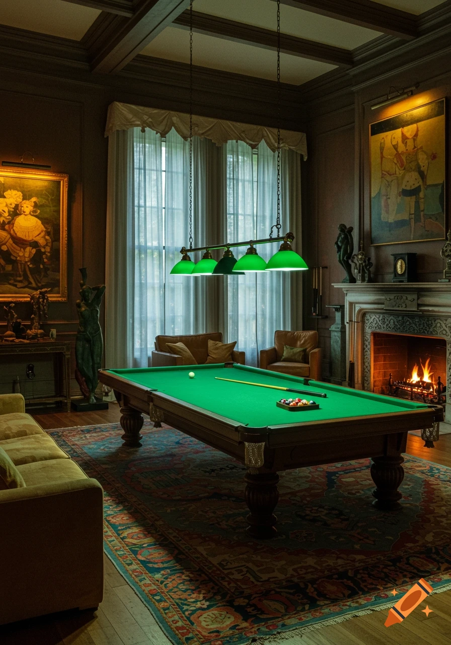 A richly decorated room with a green felt pool table under emerald lamps, a lit fireplace, and vintage art.