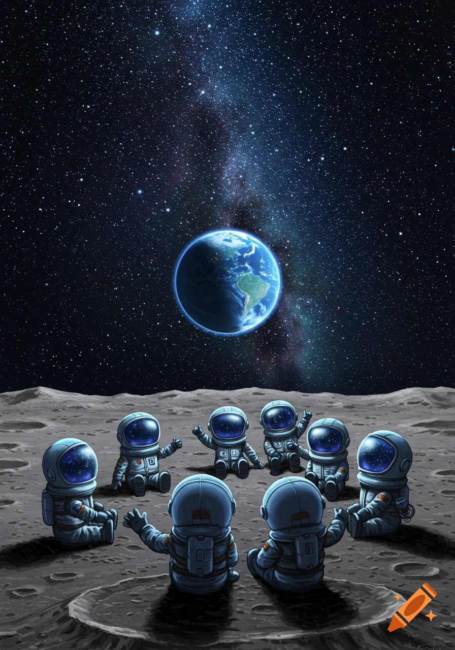 Cute cartoon astronauts sitting in a circle on the moon, looking up at a bright Earth and the Milky Way galaxy.