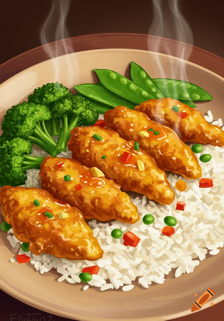 Steaming plate of illustrated chicken tenders with rice, broccoli, and snow peas, garnished with peppers and green onions.