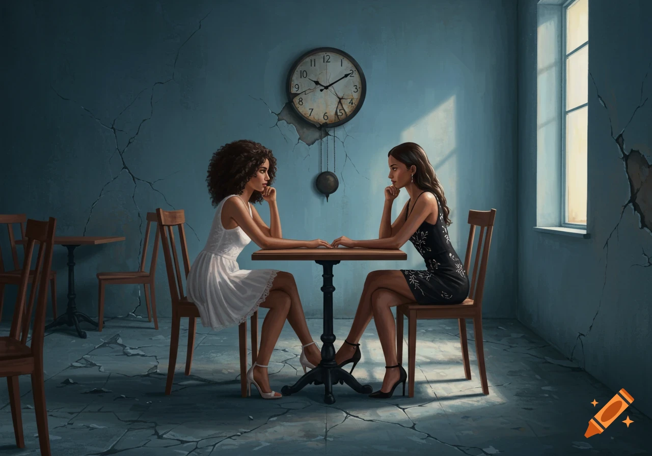 Two women in dresses sit at a table facing each other in a cracked, blue-gray room with a broken clock, in a semi-realistic art style.