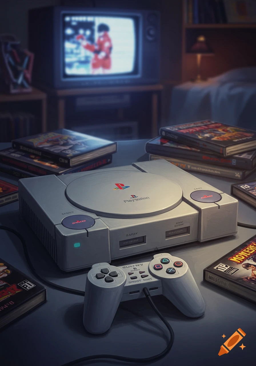 An illuminated PlayStation 1 console with controllers and game cases on a table, with a retro CRT television playing a game in the background.