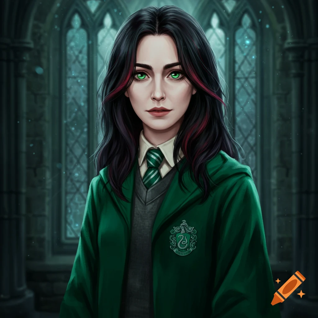 A digital painting of a young woman with green eyes and dark hair with red streaks, wearing a green Slytherin uniform in a gothic castle.
