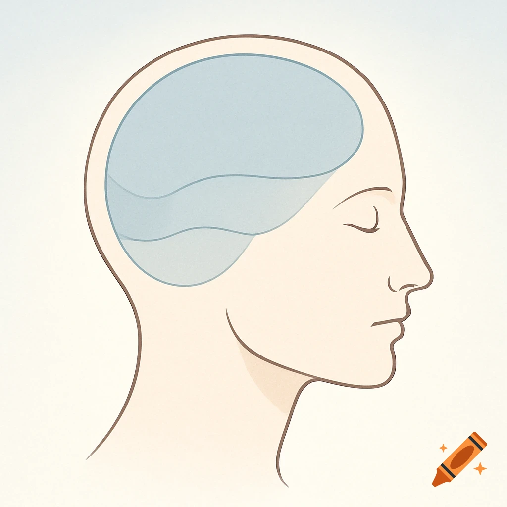 A simple, light-toned profile illustration of a human head, showing a blue brain-like shape inside, resembling a psychological diagram.